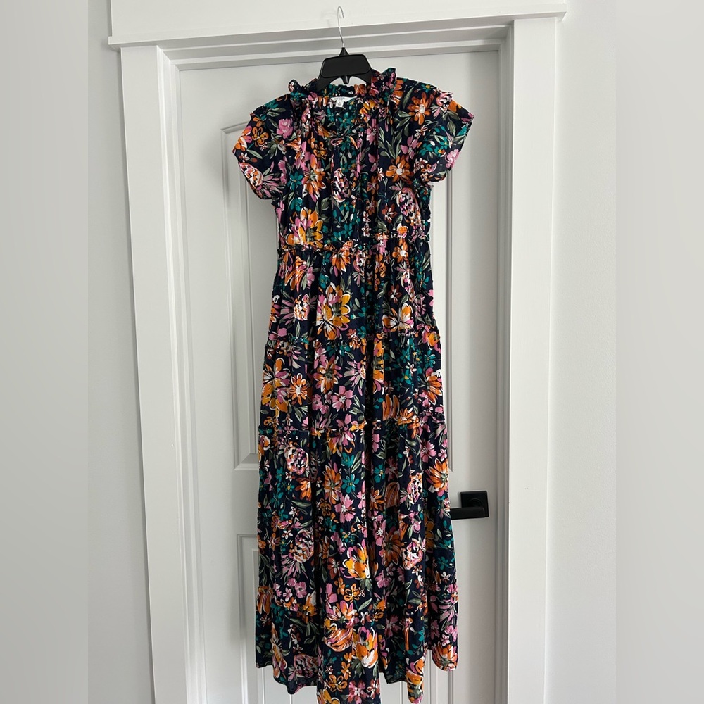 Floral Tiered Maxi Dress in Black with Pink & Orange Blooms